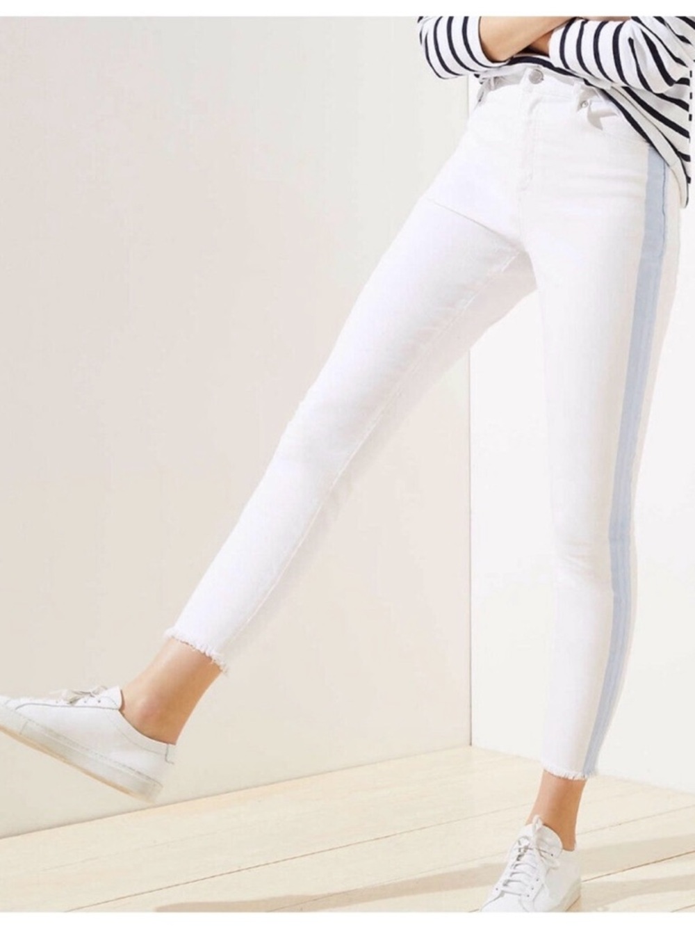 LOFT White Skinny Jeans with Light Blue Side Stripe